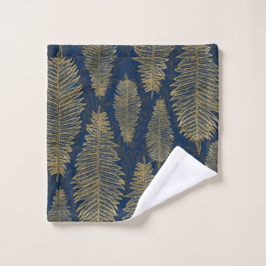 Navy Blue Damask & Gold Fern Leaf Pattern Bad Handdoek (Wasdoekje)