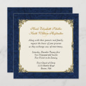 Navy Blue Damask &  Gold Wedding Invitation Kaart (Voorkant / Achterkant)