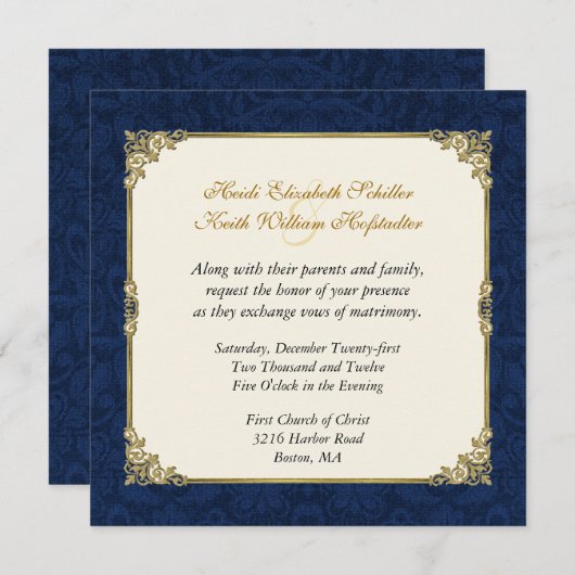 Navy Blue Damask &  Gold Wedding Invitation Kaart (Voorkant / Achterkant)