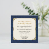 Navy Blue Damask &  Gold Wedding Invitation Kaart (Staand voorkant)