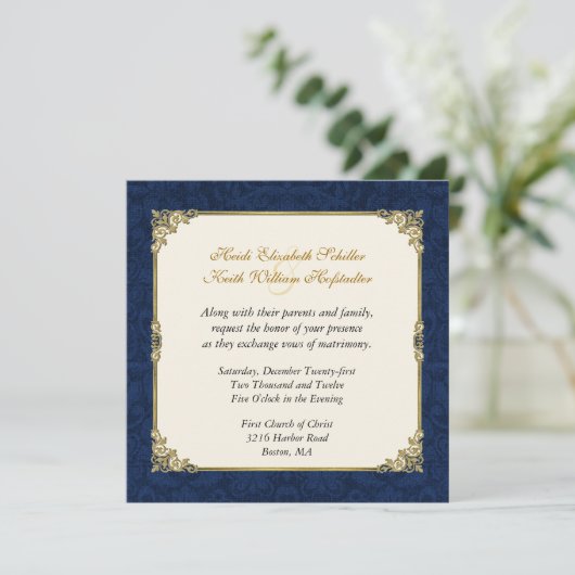 Navy Blue Damask &  Gold Wedding Invitation Kaart (Staand voorkant)