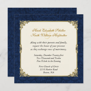 Navy Blue Damask &  Gold Wedding Invitation Kaart