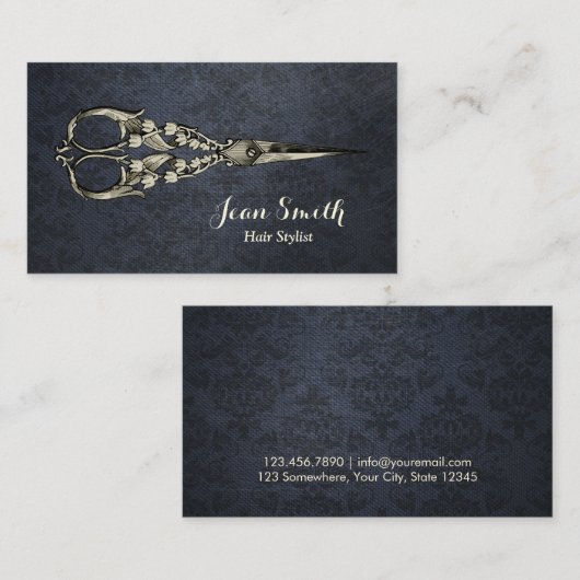  Navy Blue Damask Hairdresser Hair Stylist Visitekaartje (Voorkant / Achterkant)
