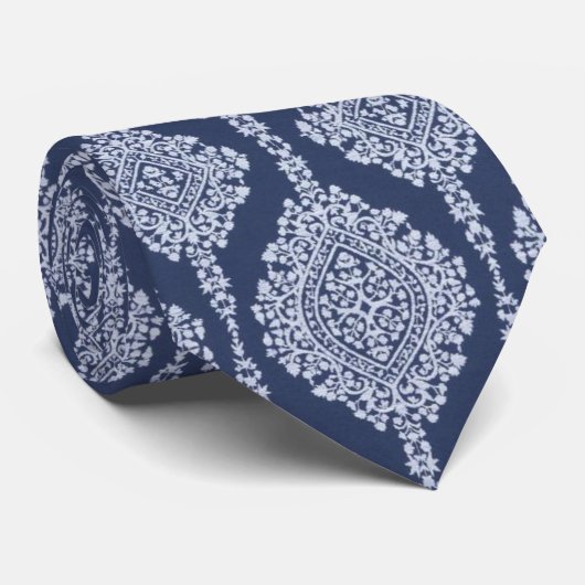 Navy Blue Damask Mannen Necktie Stropdas (Opgerold)