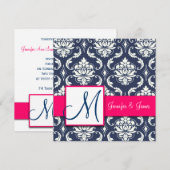 Navy Blue Damask Monogram Invitaties Hot Pink Kaart (Voorkant / Achterkant)