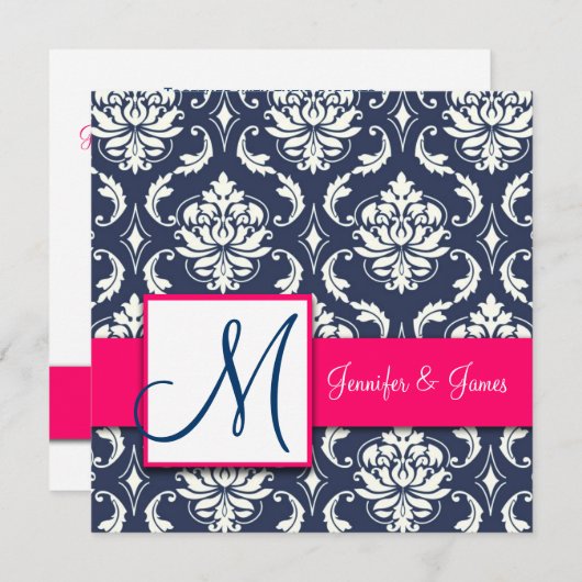 Navy Blue Damask Monogram Invitaties Hot Pink Kaart (Voorkant / Achterkant)