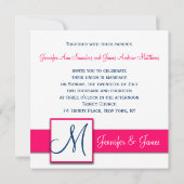 Navy Blue Damask Monogram Invitaties Hot Pink Kaart (Achterkant)