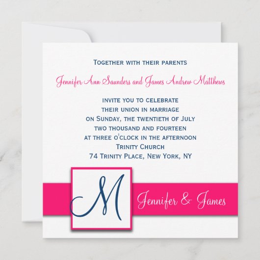 Navy Blue Damask Monogram Invitaties Hot Pink Kaart (Achterkant)