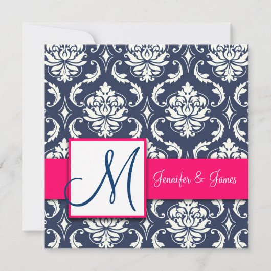 Navy Blue Damask Monogram Invitaties Hot Pink Kaart (Voorkant)