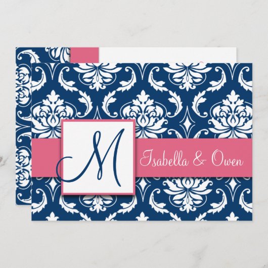 Navy Blue Damask Monogram Invitation Roze Kaart (Voorkant / Achterkant)