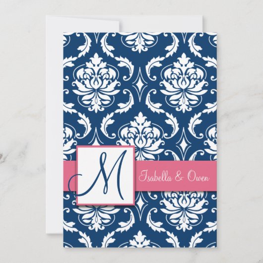 Navy Blue Damask Monogram Invitation Roze Kaart (Voorkant)
