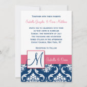 Navy Blue Damask Monogram Invitation Roze Kaart (Achterkant)