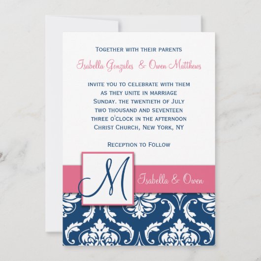 Navy Blue Damask Monogram Invitation Roze Kaart (Achterkant)
