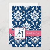 Navy Blue Damask Monogram Invitation Roze Kaart (Voorkant / Achterkant)