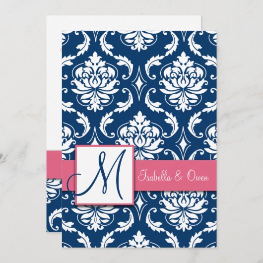 Navy Blue Damask Monogram Invitation Roze Kaart (Voorkant / Achterkant)