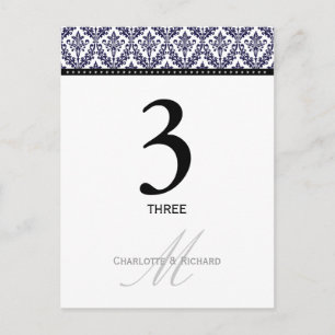 Navy Blue Damask Monogram Tafelnummer Kaart