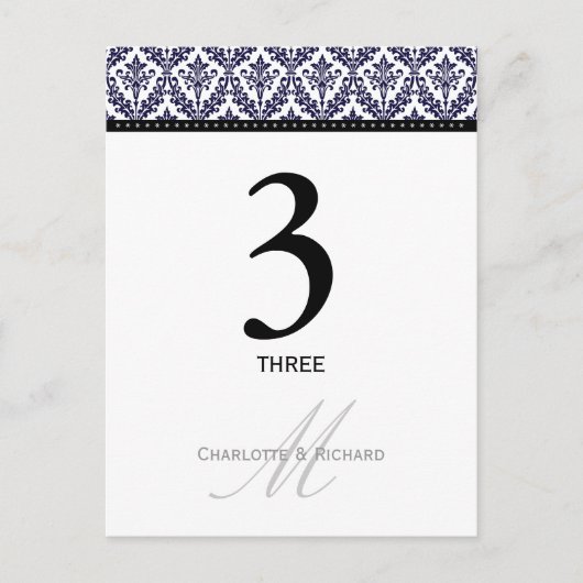 Navy Blue Damask Monogram Tafelnummer Kaart (Voorkant)