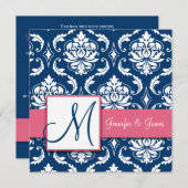 Navy Blue Damask Monogram Uitnodiging Honeysuckle (Voorkant / Achterkant)