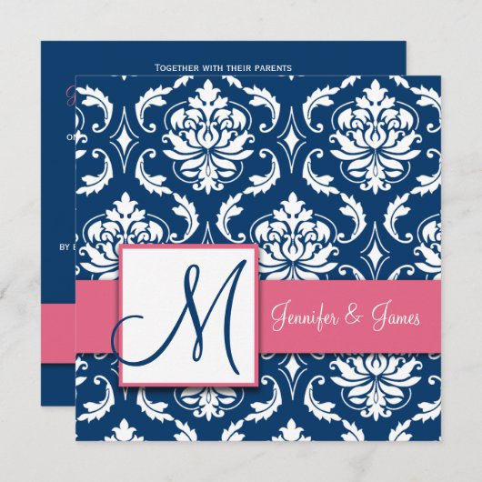 Navy Blue Damask Monogram Uitnodiging Honeysuckle (Voorkant / Achterkant)