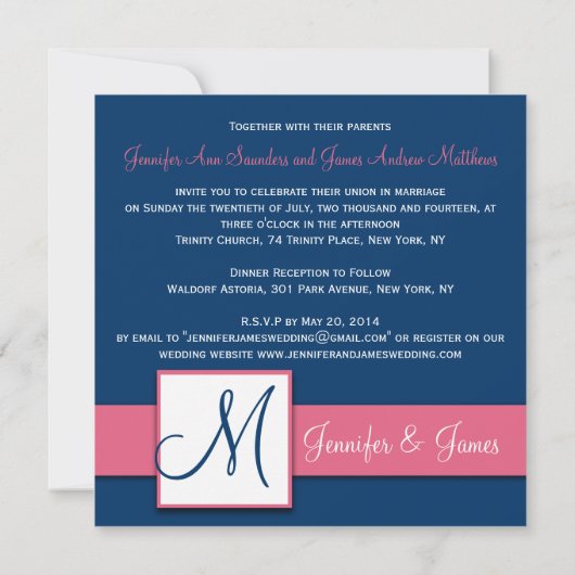 Navy Blue Damask Monogram Uitnodiging Honeysuckle (Achterkant)