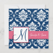 Navy Blue Damask Monogram Uitnodiging Honeysuckle (Voorkant)