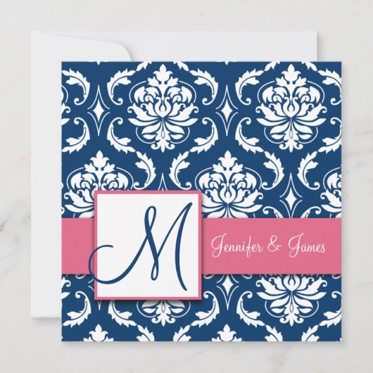 Navy Blue Damask Monogram Uitnodiging Honeysuckle (Voorkant)