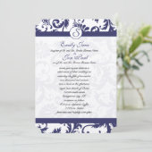 Navy Blue Damask Monogram Wedding Invitation Kaart (Staand voorkant)
