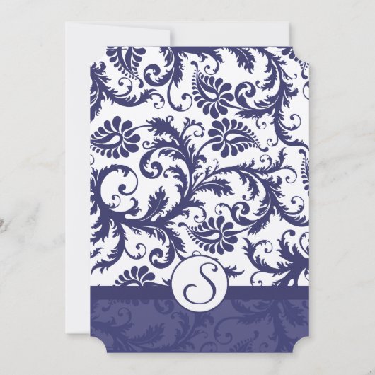 Navy Blue Damask Monogram Wedding Invitation Kaart (Achterkant)