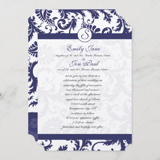 Navy Blue Damask Monogram Wedding Invitation Kaart (Voorkant / Achterkant)