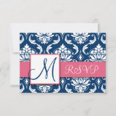 Navy Blue Damask Monogram Wedding RSVP Roze (Voorkant)