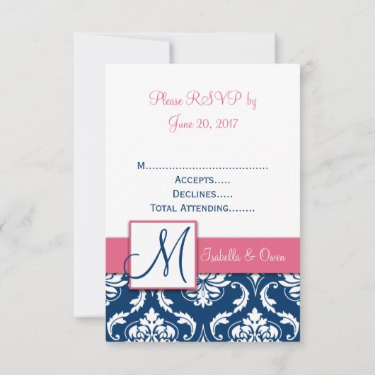 Navy Blue Damask Monogram Wedding RSVP Roze (Achterkant)