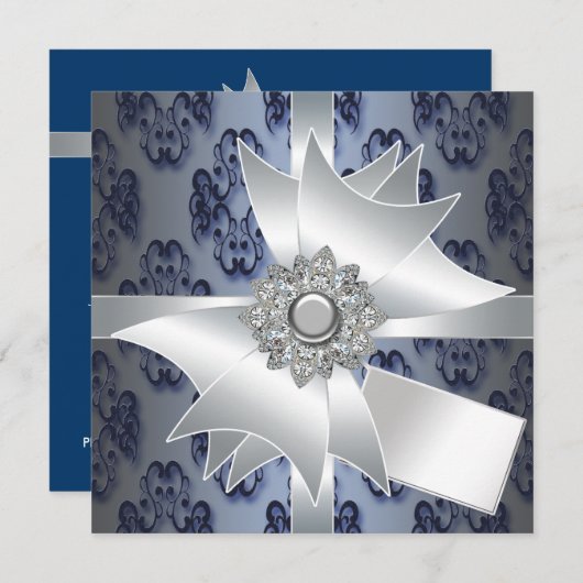 Navy Blue Damask Party Invitation Sjabloon Kaart (Voorkant / Achterkant)