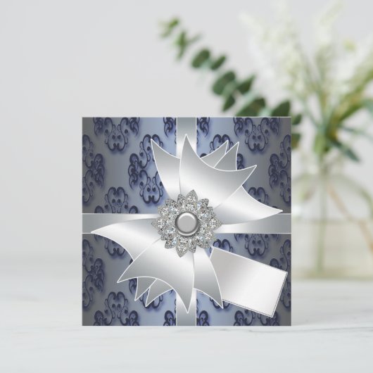 Navy Blue Damask Party Invitation Sjabloon Kaart (Staand voorkant)