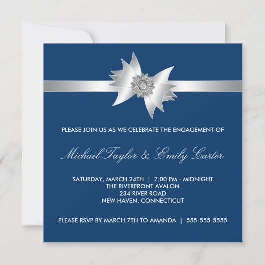 Navy Blue Damask Party Invitation Sjabloon Kaart (Achterkant)