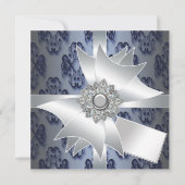 Navy Blue Damask Party Invitation Sjabloon Kaart (Voorkant)