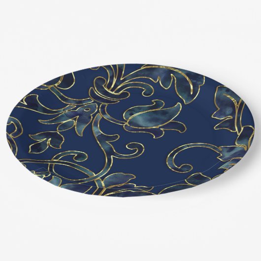 Navy Blue Damask Pattern over uw keuze van kleur Papieren Bordje (Gekanteld)