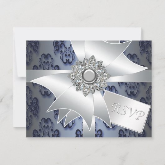 Navy Blue Damask RSVP-kaart RSVP Kaartje (Voorkant)