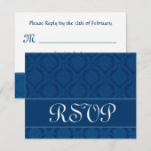 Navy Blue Damask RSVP Wedding Response Card Kaartje (Voorkant / Achterkant)