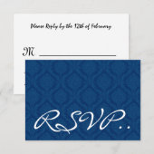 Navy Blue Damask Small RSVP Wedding Response Card Kaartje (Voorkant / Achterkant)
