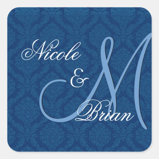 Navy Blue Damask Wedding Bride Groom Monogram Vierkante Sticker (Voorkant)