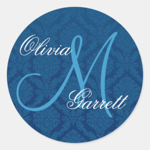 NAVY BLUE Damask Wedding Custom Monogram V1 Ronde Sticker
