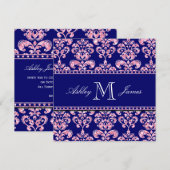 Navy Blue Damask Wedding Gedrukt Roze Glitter Kaart (Voorkant / Achterkant)