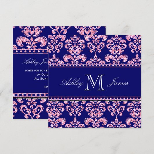 Navy Blue Damask Wedding Gedrukt Roze Glitter Kaart (Voorkant / Achterkant)