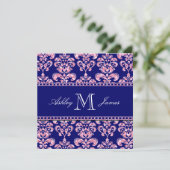 Navy Blue Damask Wedding Gedrukt Roze Glitter Kaart (Staand voorkant)