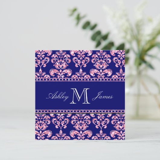 Navy Blue Damask Wedding Gedrukt Roze Glitter Kaart (Staand voorkant)