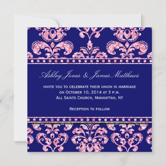 Navy Blue Damask Wedding Gedrukt Roze Glitter Kaart (Achterkant)