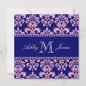 Navy Blue Damask Wedding Gedrukt Roze Glitter Kaart (Voorkant)