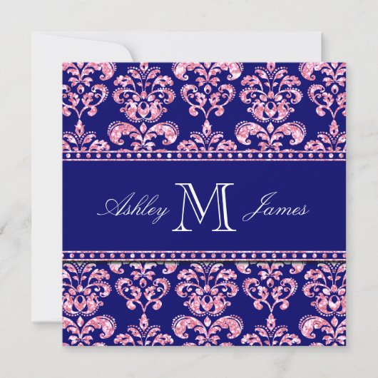 Navy Blue Damask Wedding Gedrukt Roze Glitter Kaart (Voorkant)