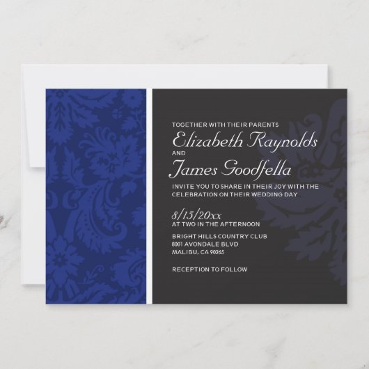 Navy Blue Damask Wedding Invitations Kaart (Voorkant)