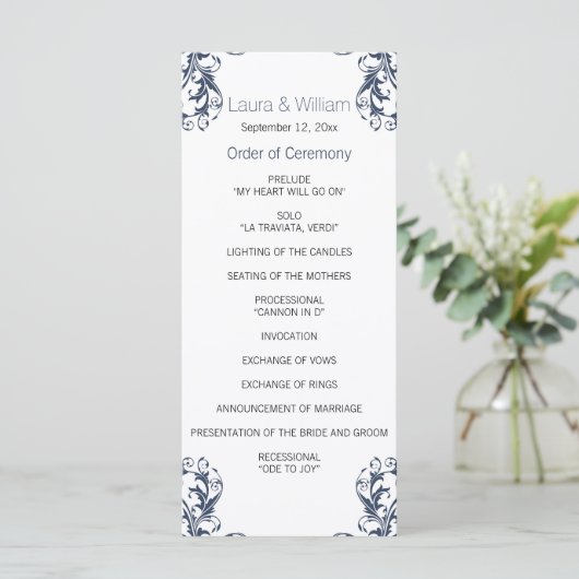 Navy Blue Damask Wedding Program Programmakaart (Staand voorkant)